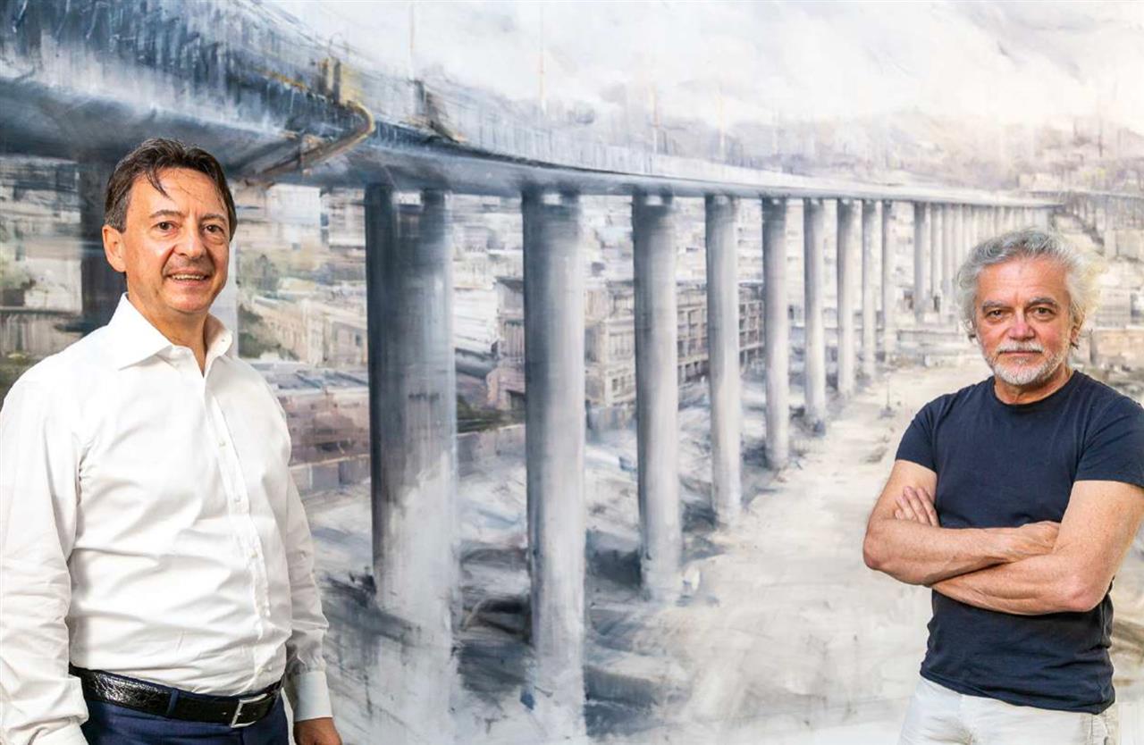 Lodovico Camozzi e Alessandro Papetti con dipinto del Ponte di Genova